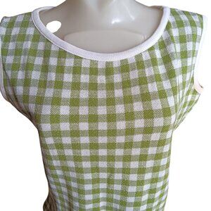 Large 15/16 Vintage 60's Green White Gingham Sleeveless Knit Top Country Granny